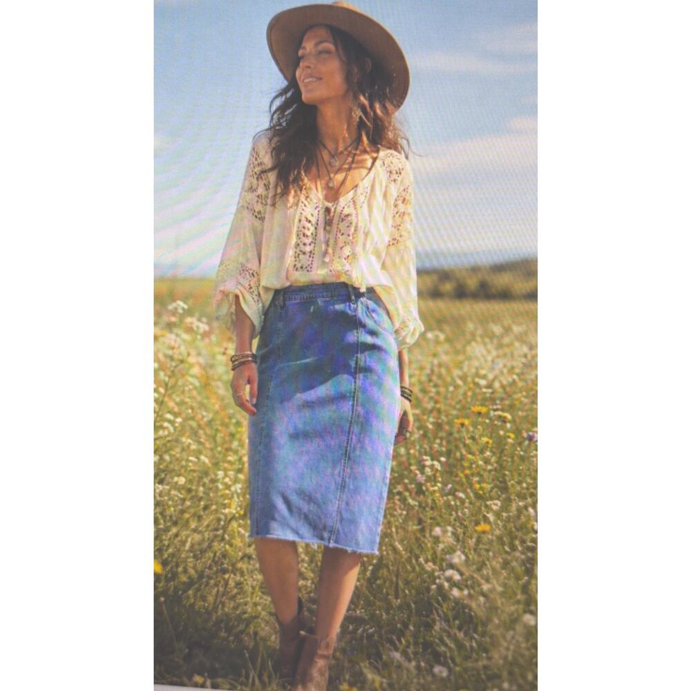 Ashley Stewart Women's Straight Pencil Denim Skirt Blue Size 24 slit bohemian